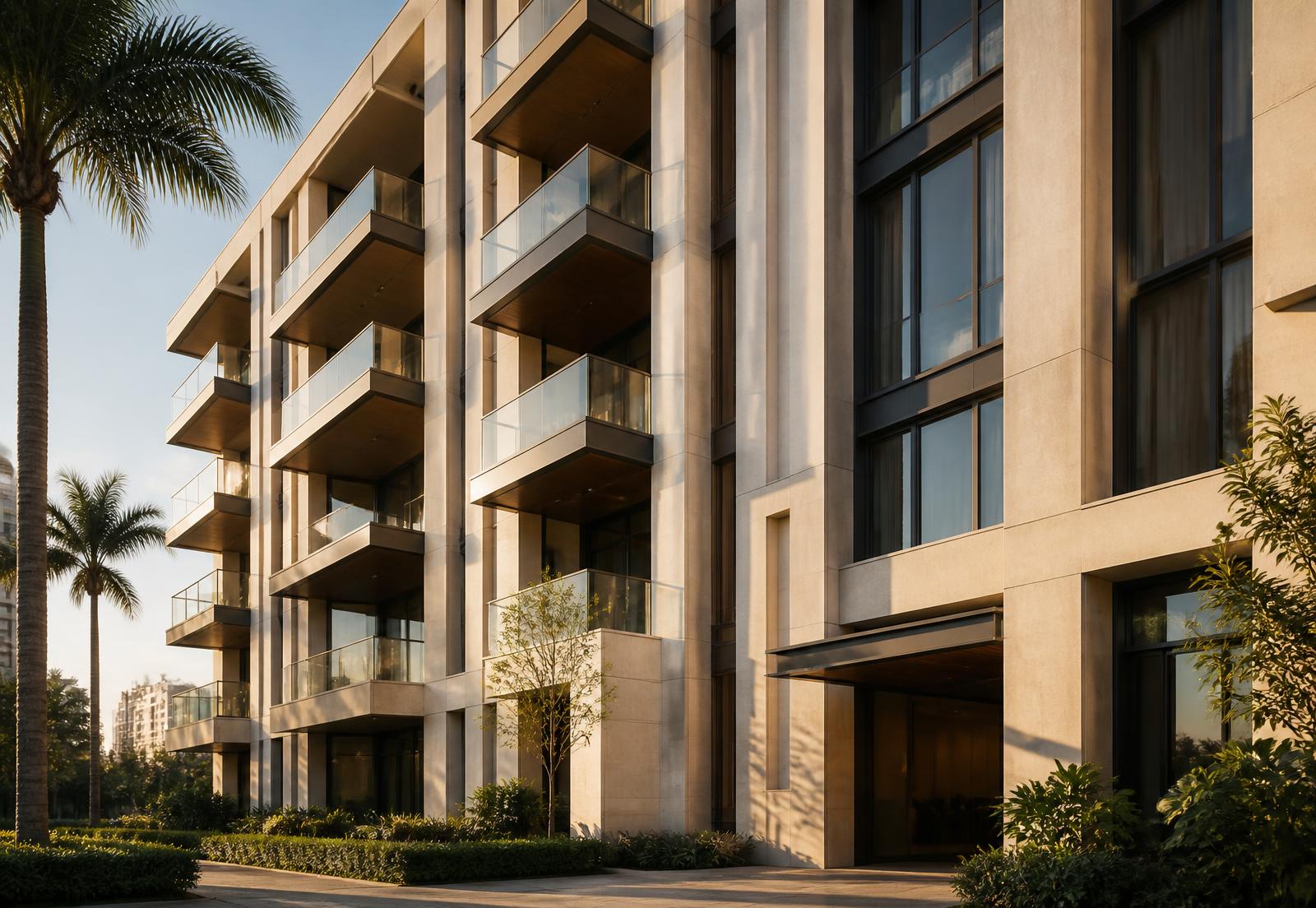 Elegant contemporary residential building facade in warm evening light